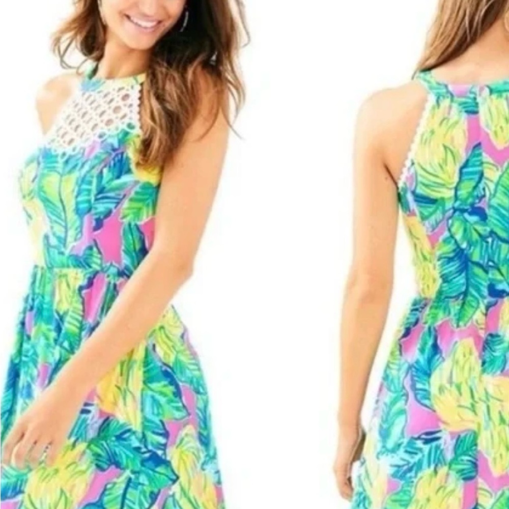 Lilly Pulitzer Kinley Halter Dress Open Eyelet Bodice Women’s 00 Pink Sunset